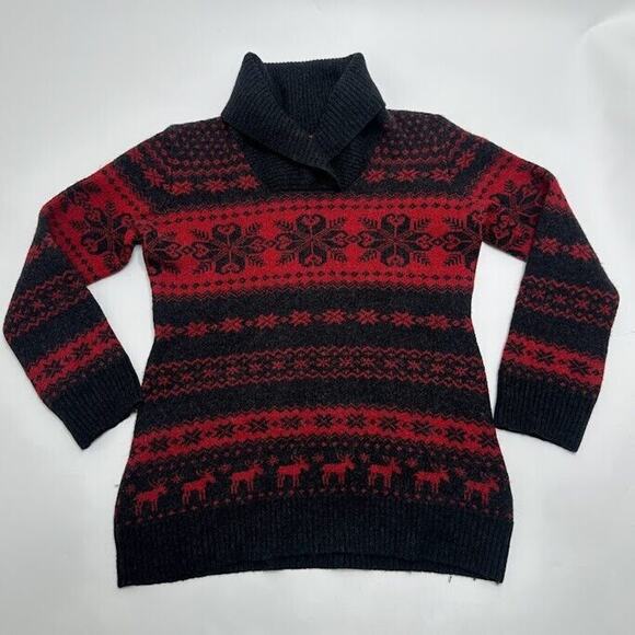 Krimson Klover Sweater Girls L Large 100% Merino Wool Red Black Moose Snowflake